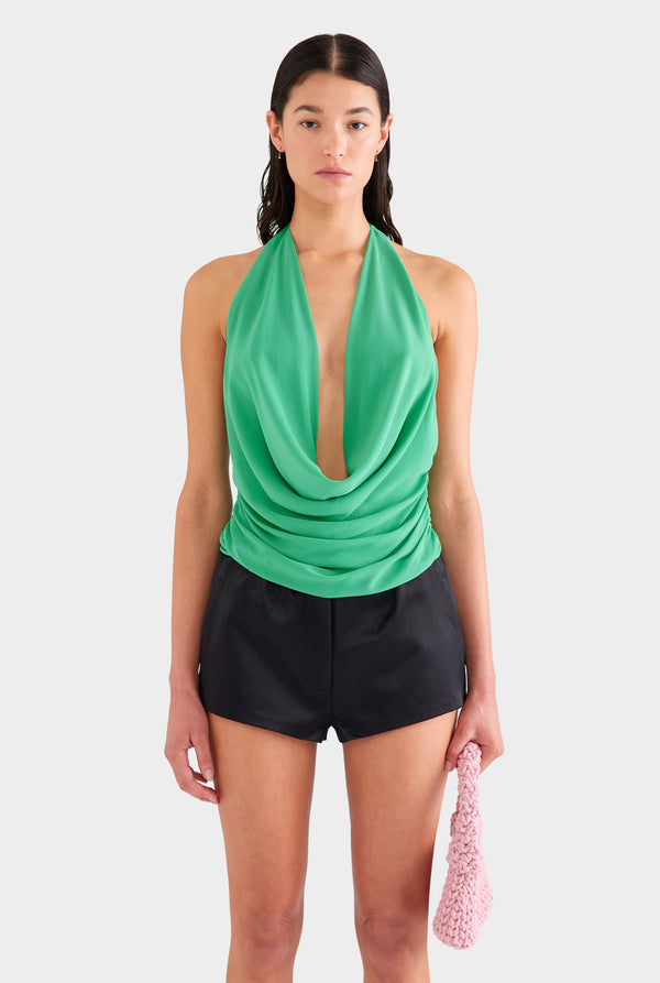 Deep Cowl Sheer Silk Halter - Jade Green