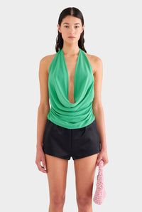 Deep Cowl Sheer Silk Halter - Jade Green