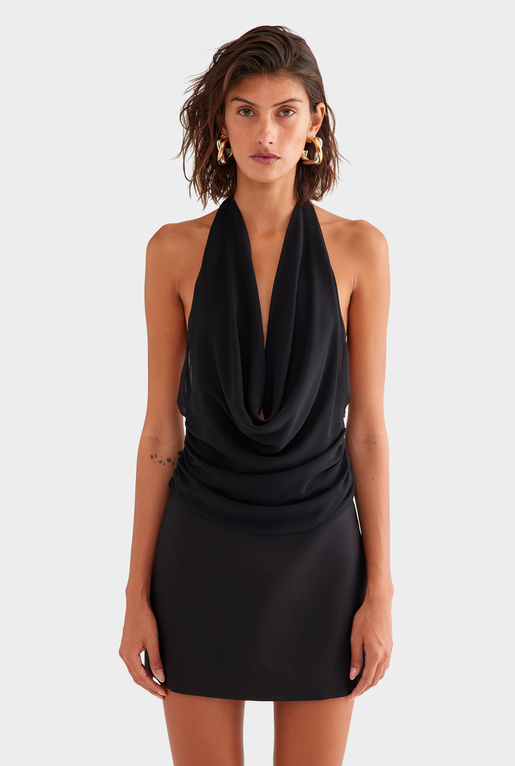 Deep Cowl Sheer Silk Halter - Black