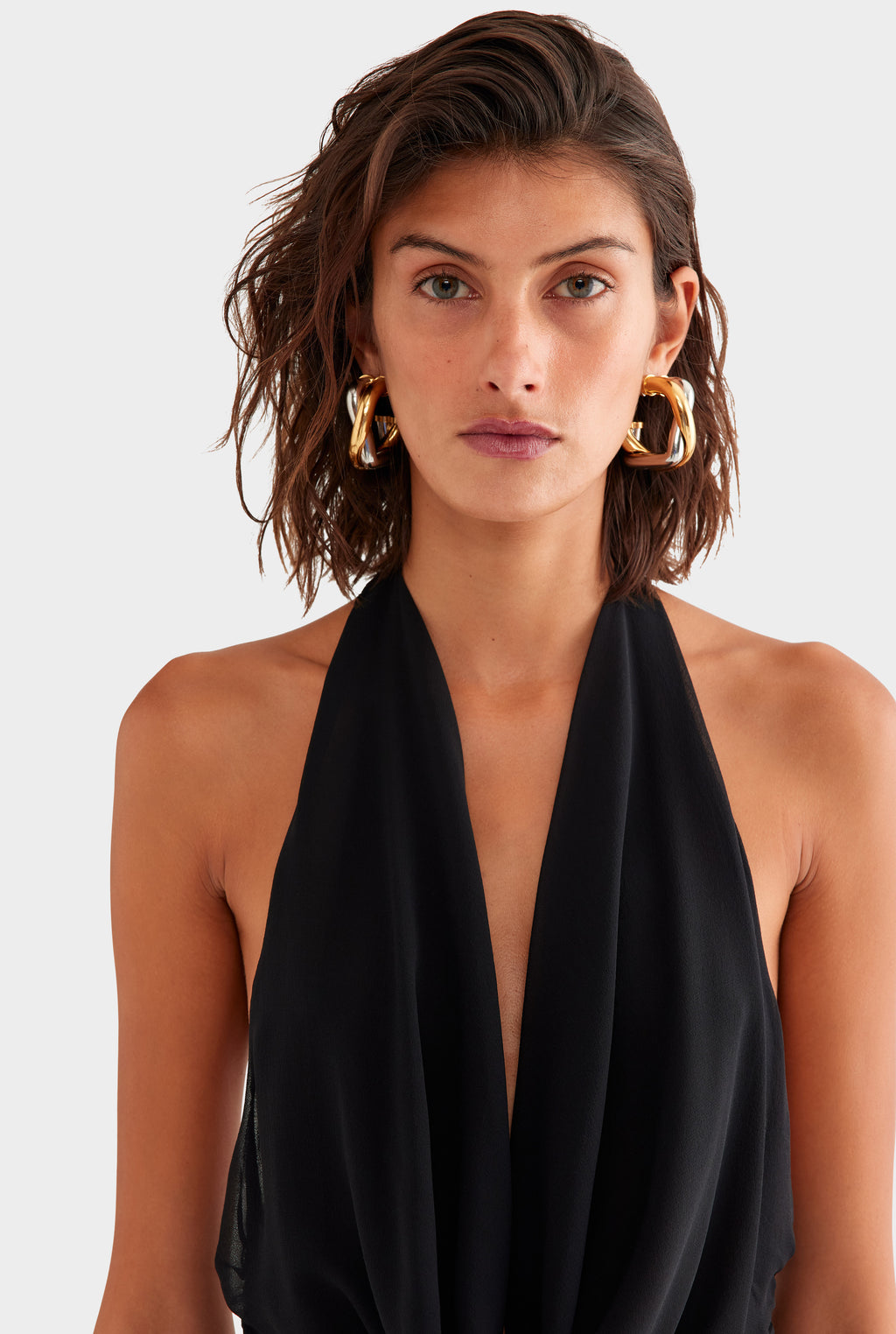 Deep Cowl Sheer Silk Halter - Black