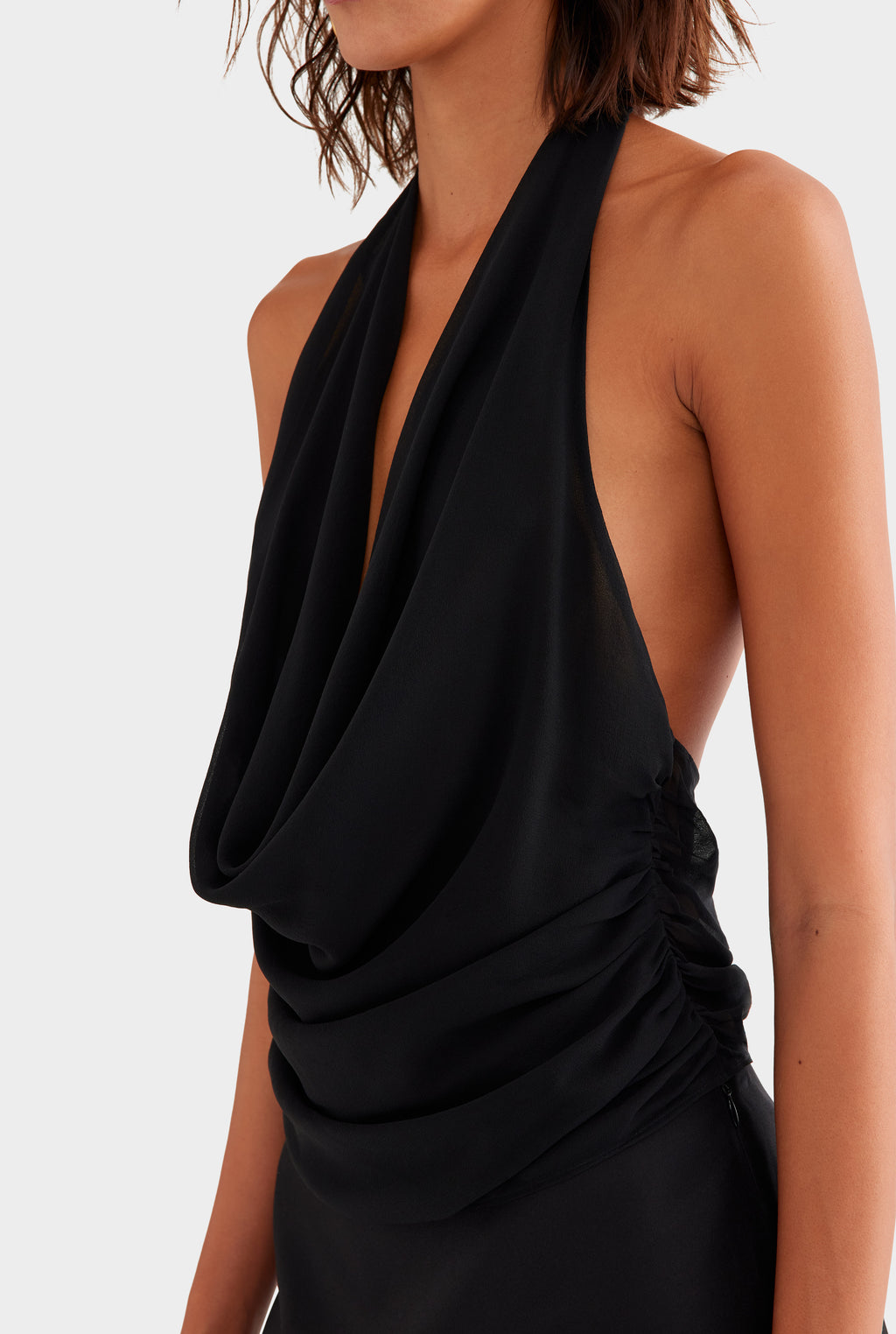 Deep Cowl Sheer Silk Halter - Black