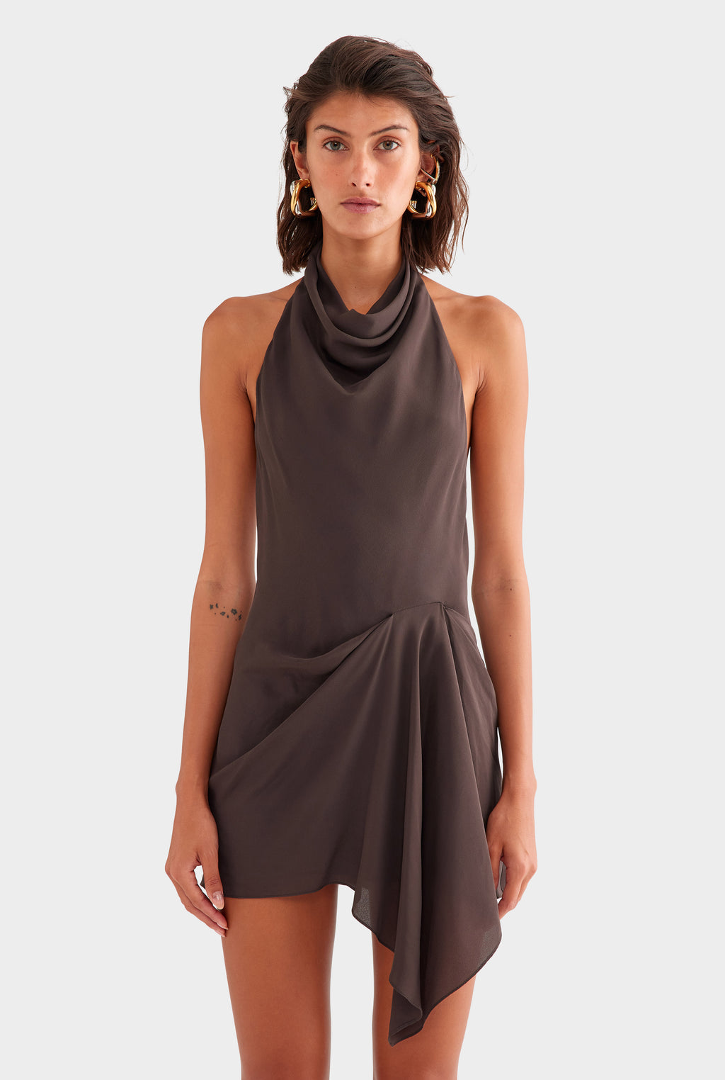 Draped Halter Mini Dress in Dark Chocolate | Venroy  VENROY