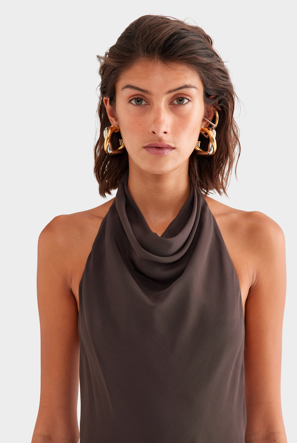 Draped Halter Mini Dress in Dark Chocolate