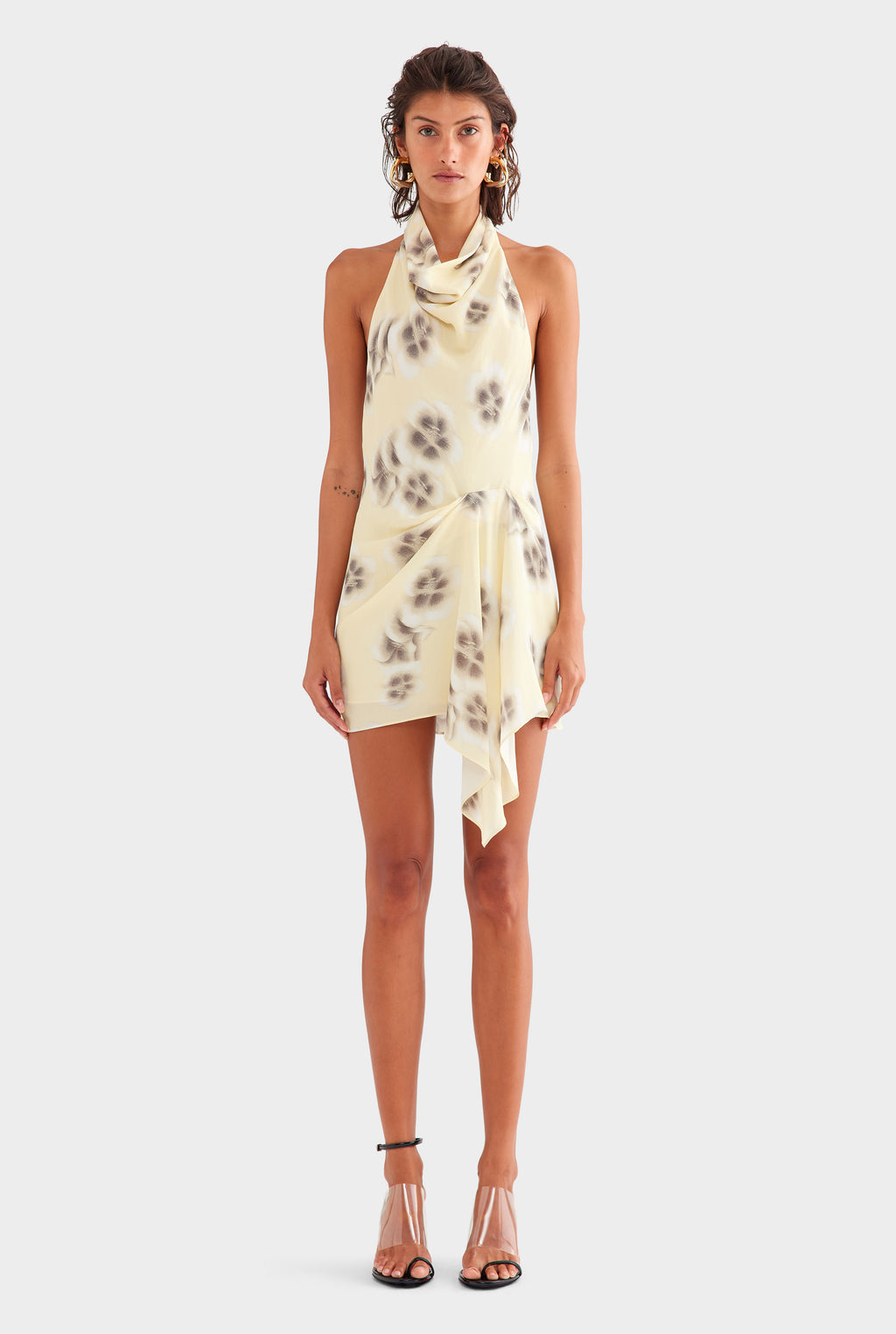 Draped Halter Mini Dress in Pale Yellow Blurred Floral | Venroy VENROY Draped Halter Mini Dress in Pale Yellow Blurred Floral | Venroy VENROY