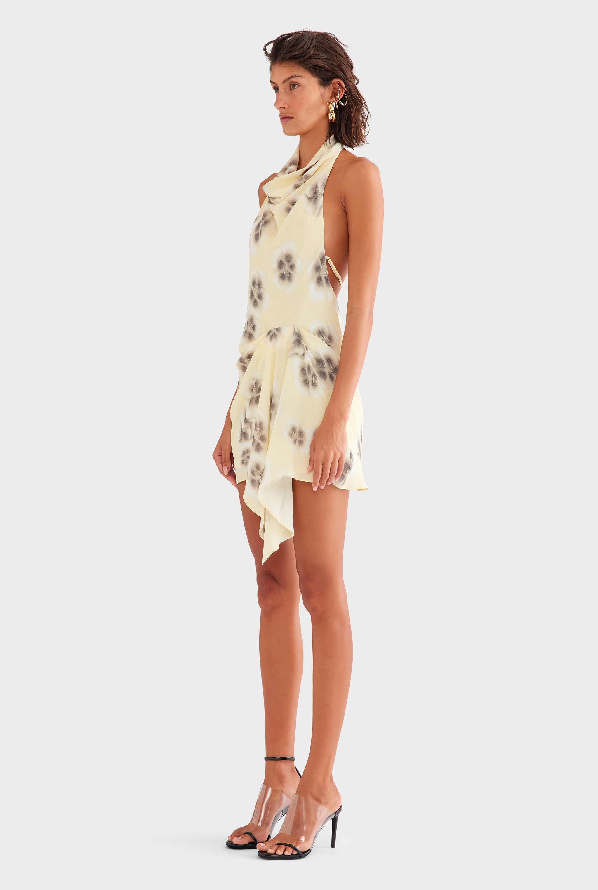 Draped Halter Mini Dress - Pale Yellow Blurred Floral