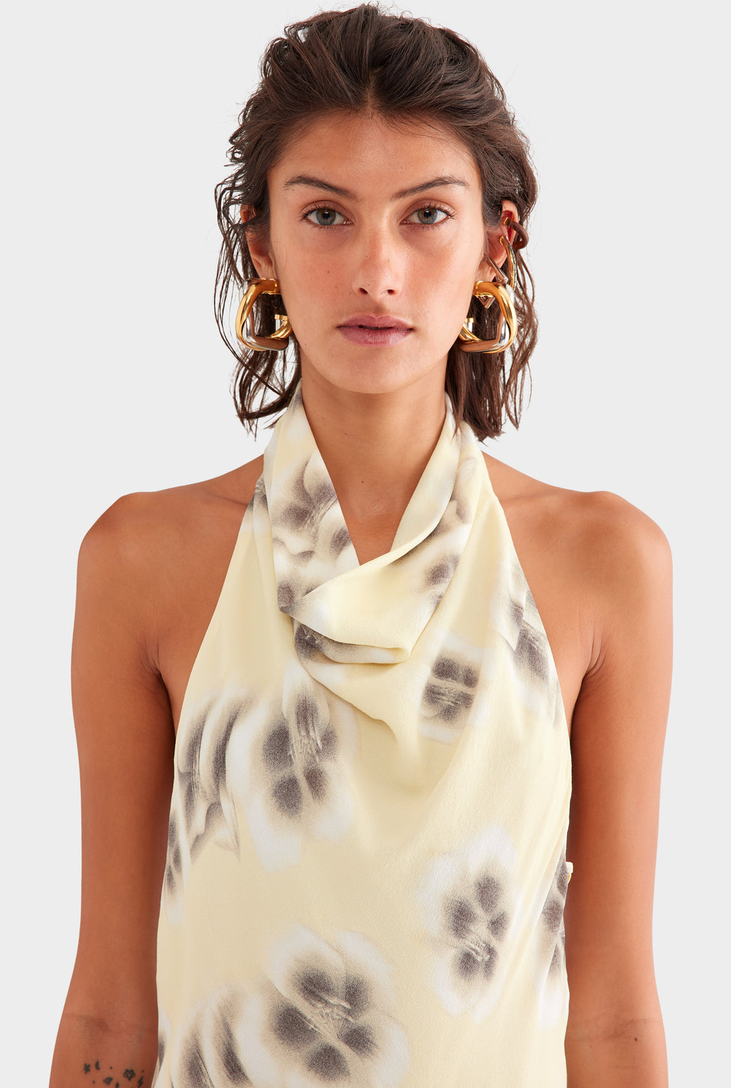 Draped Halter Mini Dress in Pale Yellow Blurred Floral | Venroy  VENROY