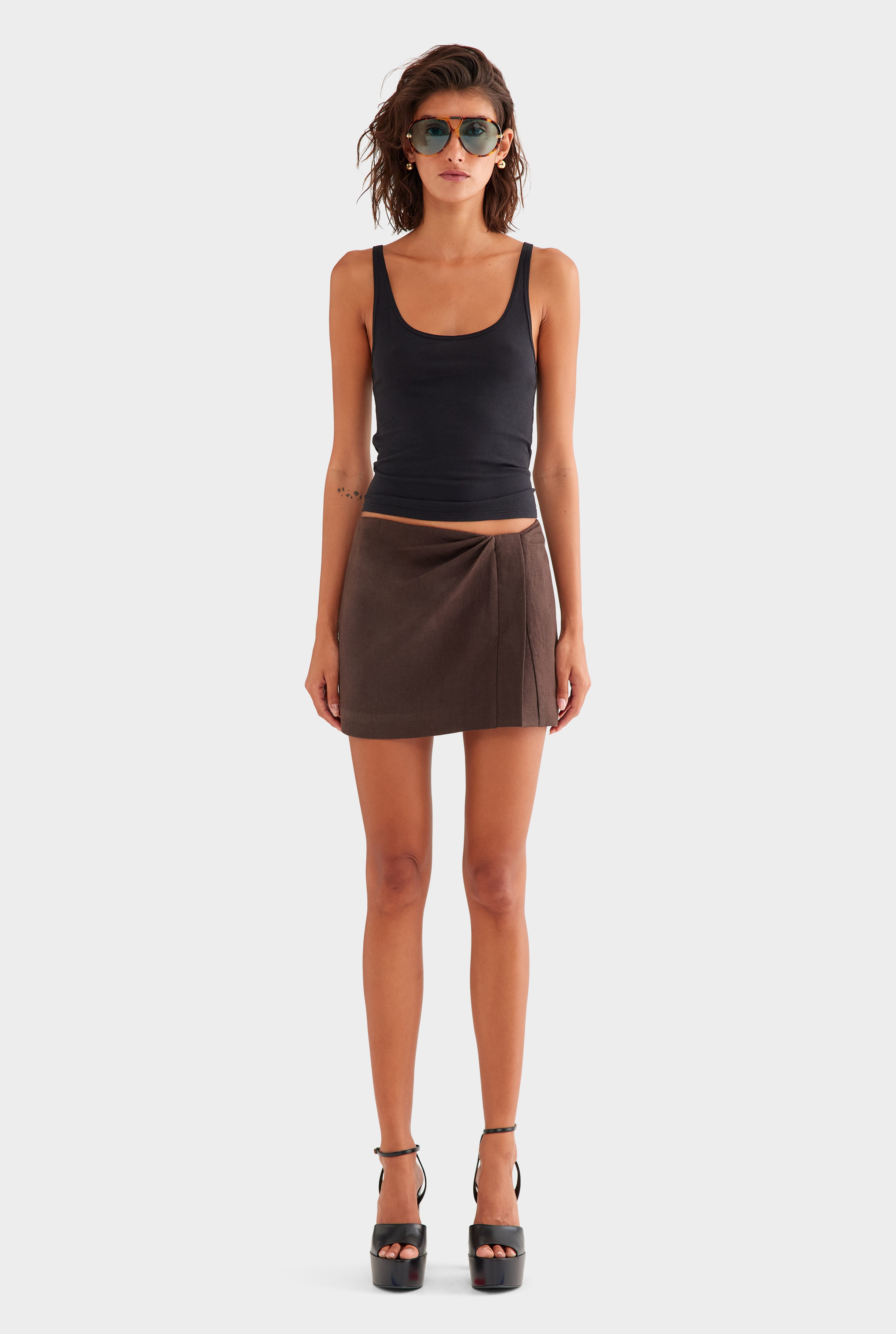 Draped Linen Mini Skirt - Dark Chocolate