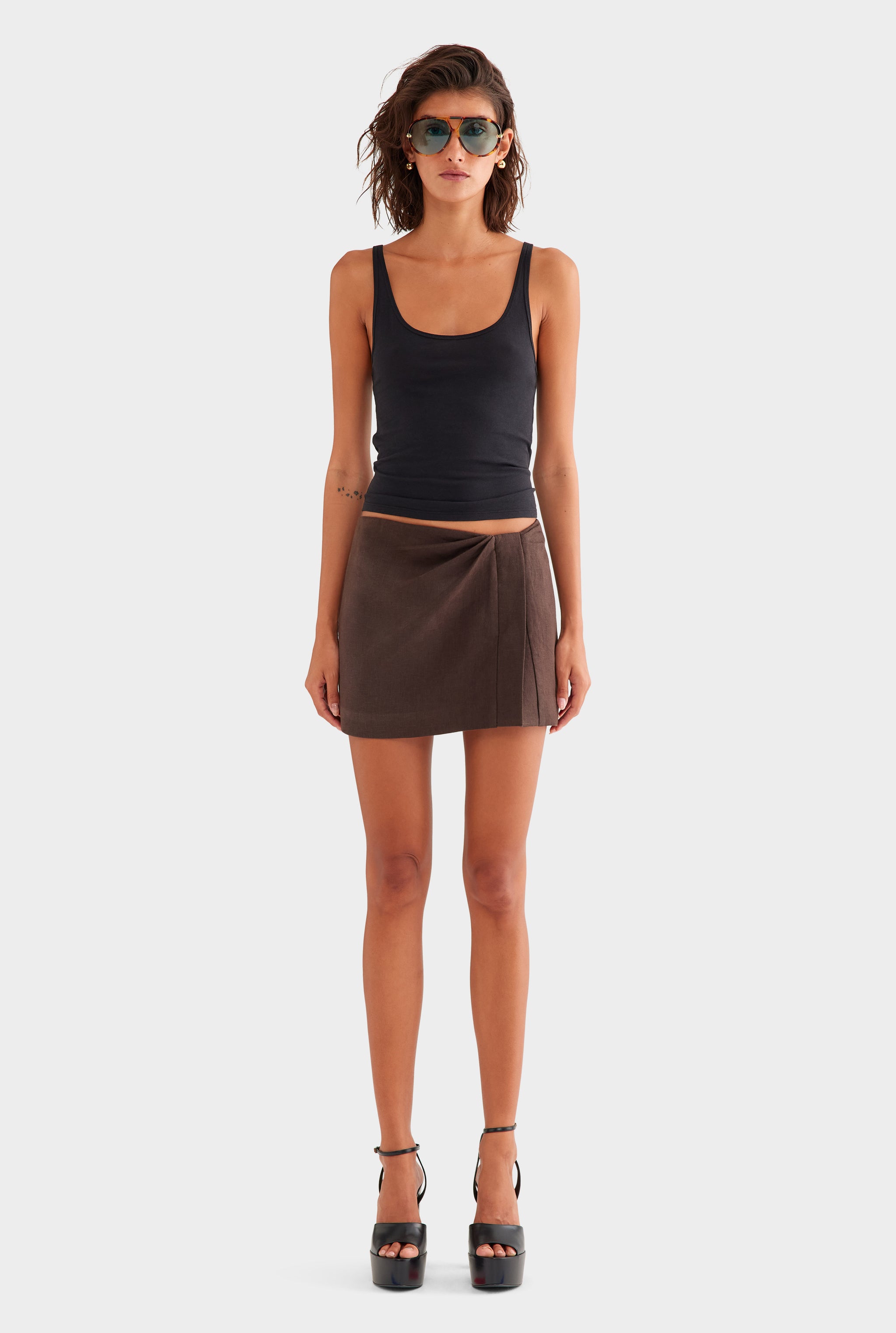 Draped Linen Mini Skirt - Dark Chocolate