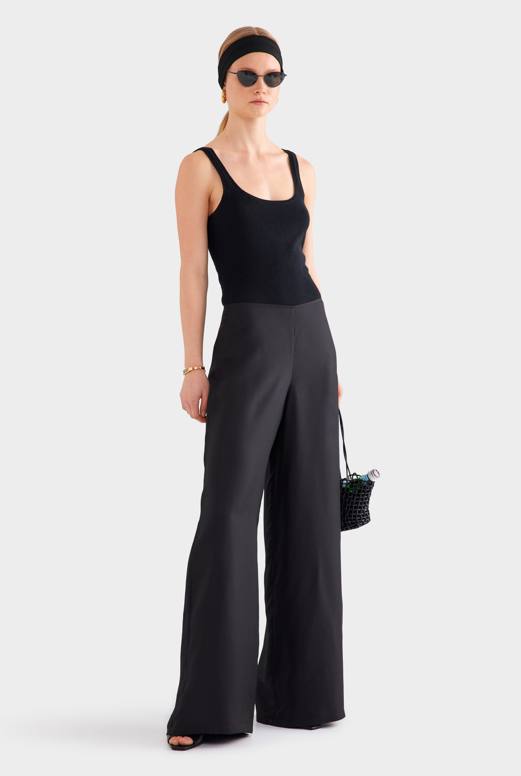Relaxed Flat Front Silk Pant - Black