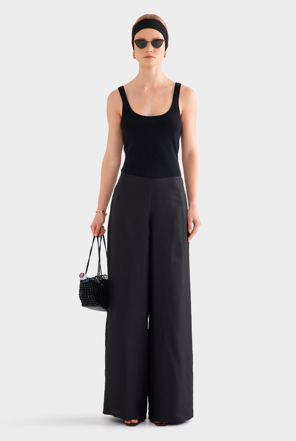 Relaxed Flat Front Silk Pant - Black