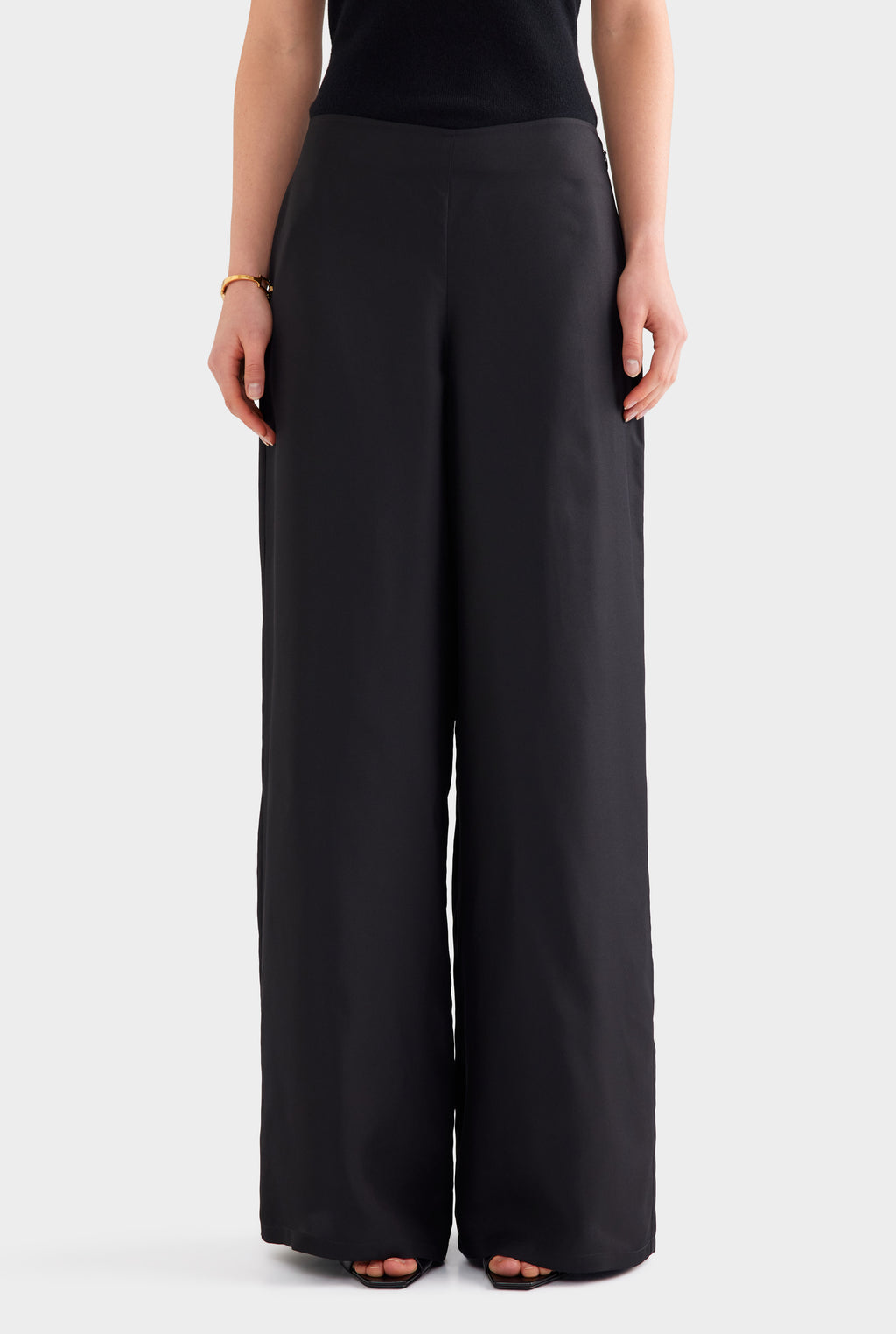 Relaxed Flat Front Silk Pant - Black