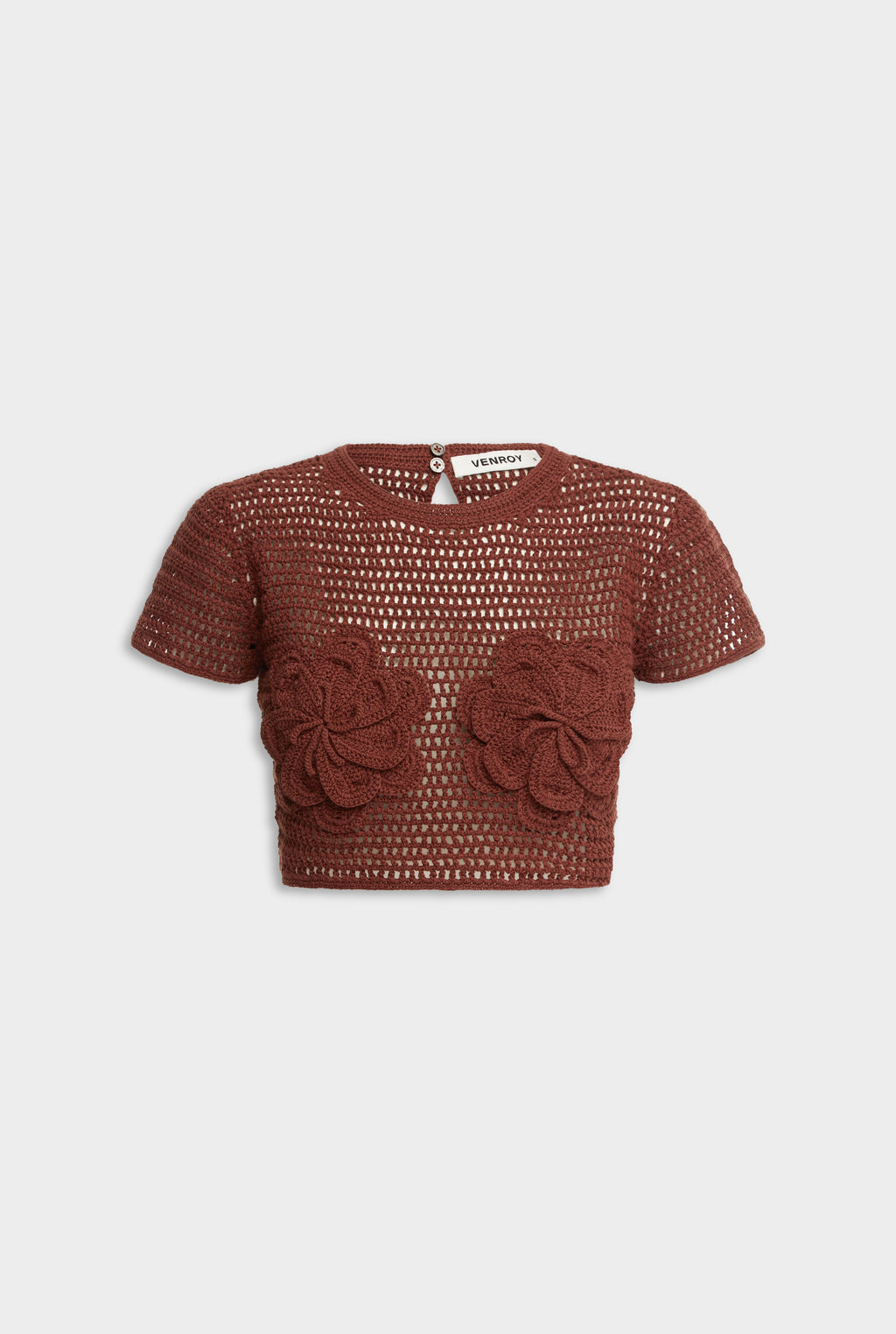 Floral Crochet Cotton Cropped Tee - Chocolate