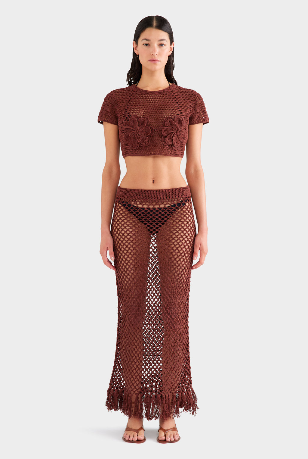 Fringed Crochet Cotton Midi Skirt - Chocolate