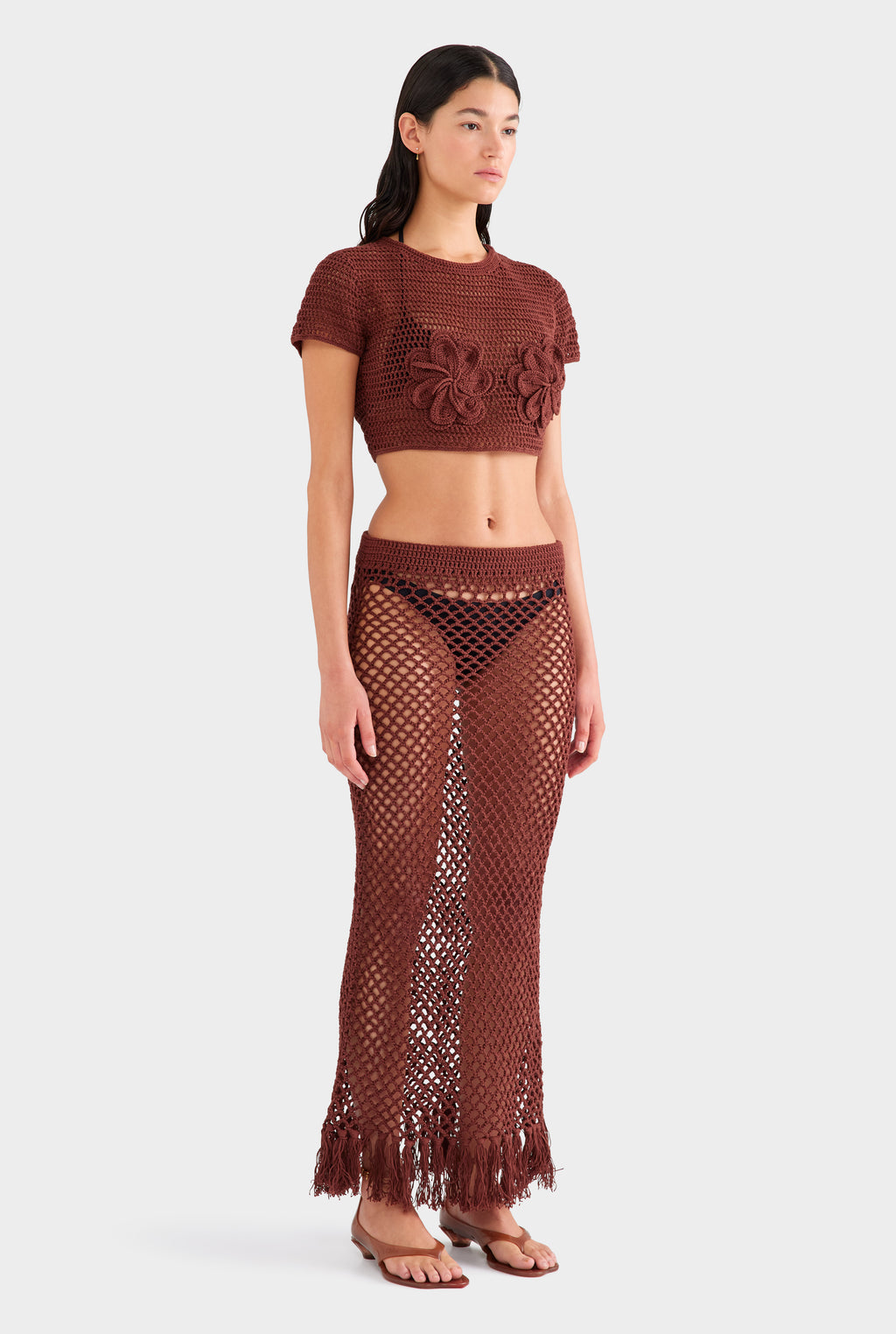 Floral Crochet Cotton Cropped Tee - Chocolate
