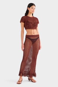 Fringed Crochet Cotton Midi Skirt - Chocolate