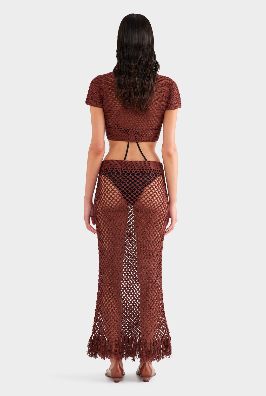 Floral Crochet Cotton Cropped Tee - Chocolate