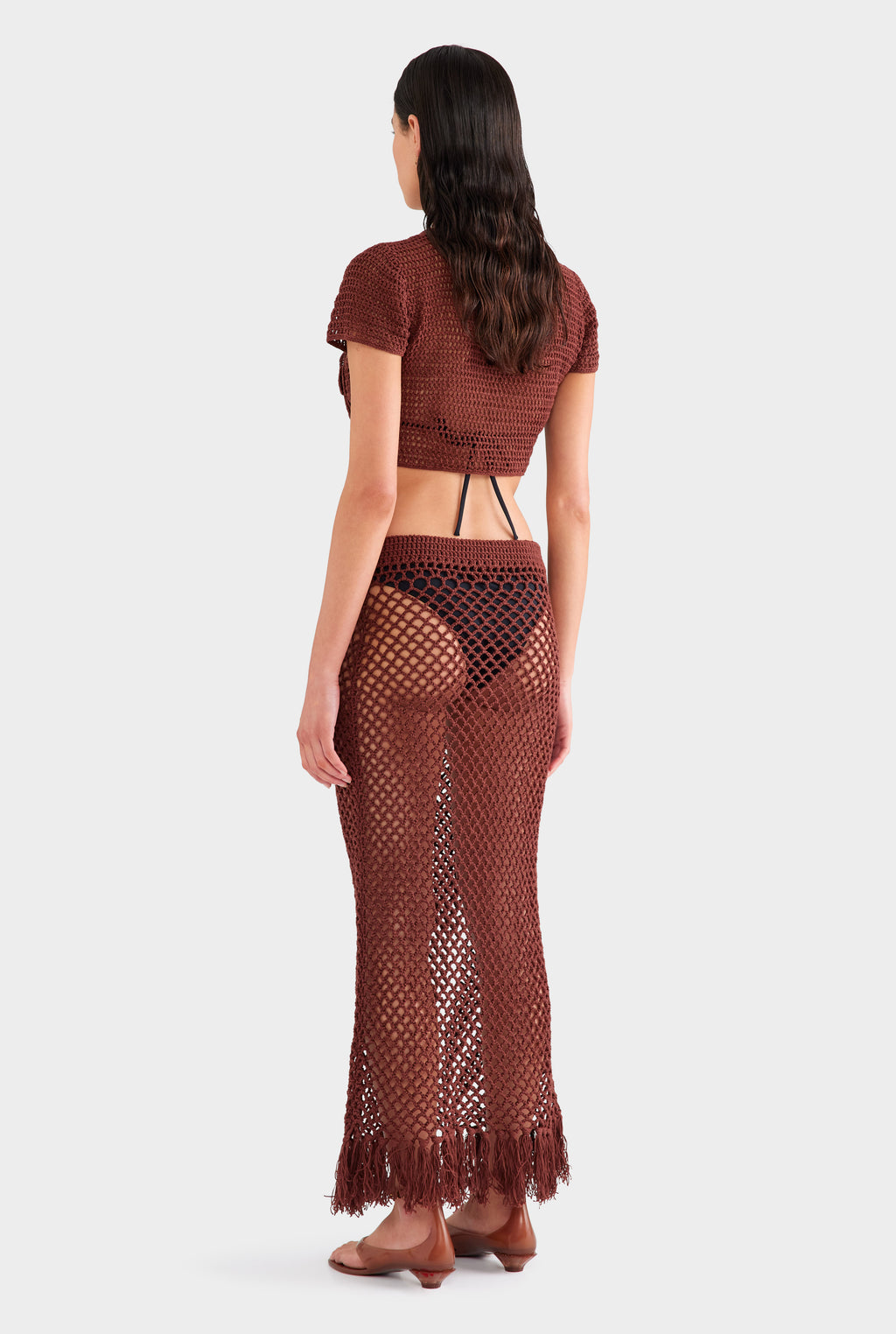 Fringed Crochet Cotton Midi Skirt - Chocolate