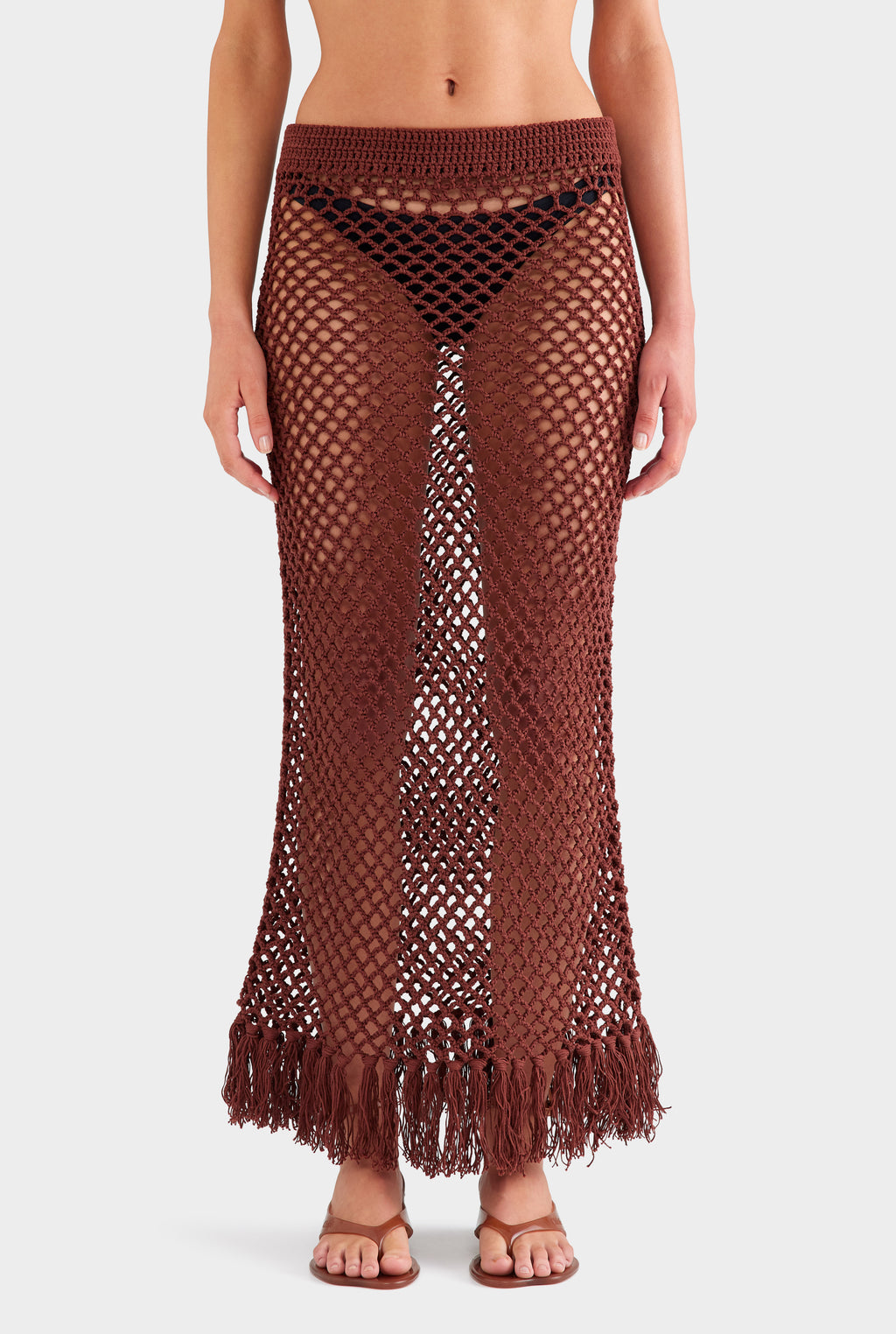 Fringed Crochet Cotton Midi Skirt - Chocolate