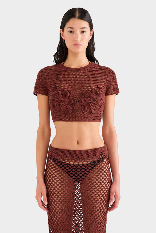 Floral Crochet Cotton Cropped Tee - Chocolate