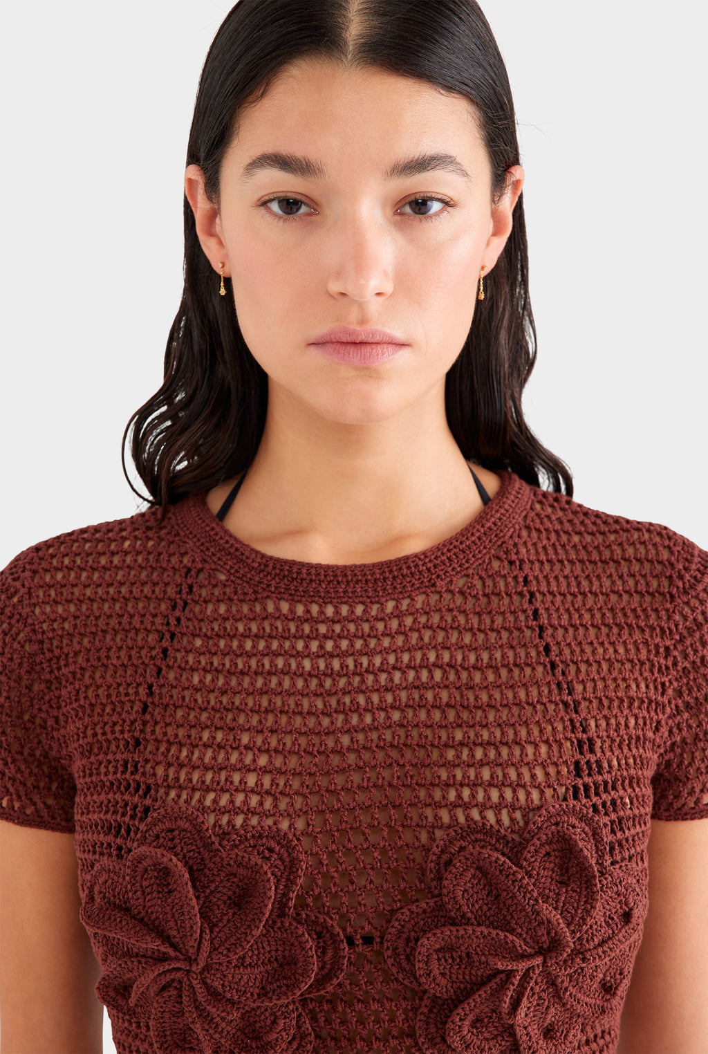 Floral Crochet Cotton Cropped Tee - Chocolate