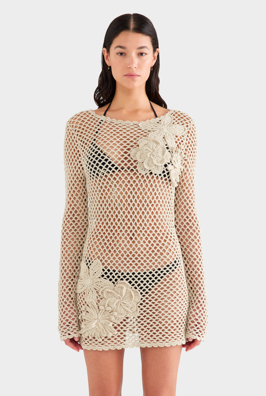 Floral Crochet Cotton Mini Dress - Natural