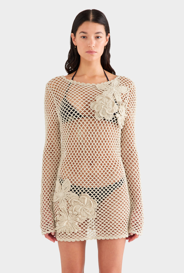 Floral Crochet Cotton Mini Dress - Natural