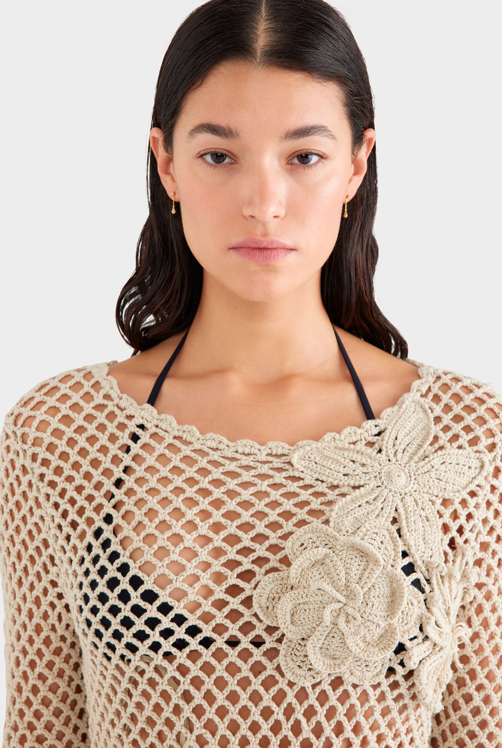 Floral Crochet Cotton Mini Dress - Natural