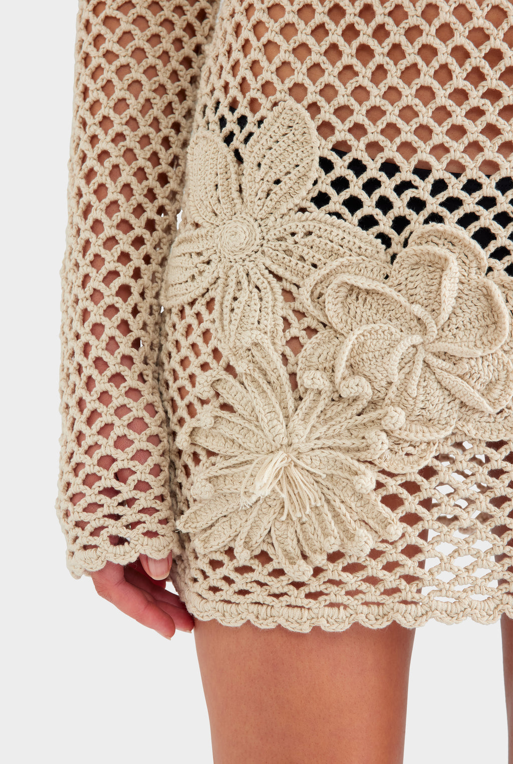 Floral Crochet Cotton Mini Dress - Natural