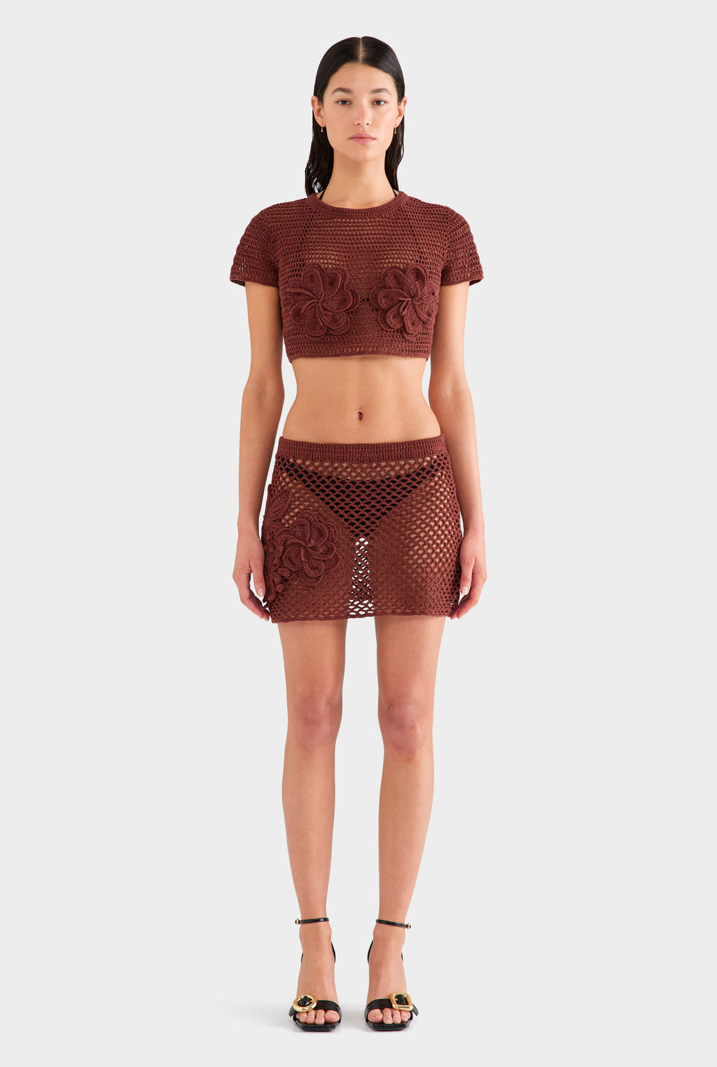 Floral Crochet Cotton Mini Skirt - Chocolate
