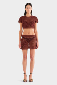 Floral Crochet Cotton Mini Skirt - Chocolate