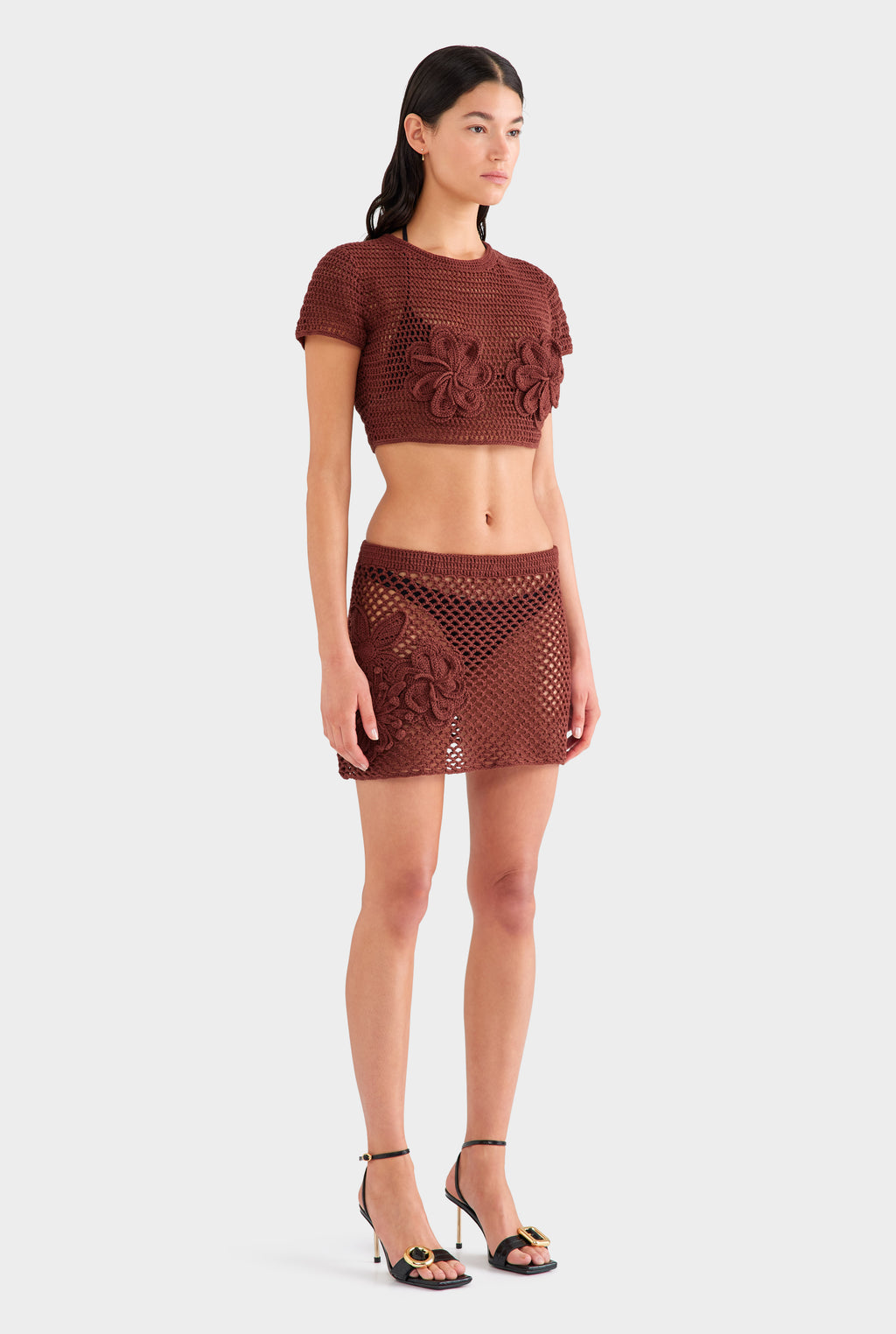 Floral Crochet Cotton Mini Skirt - Chocolate