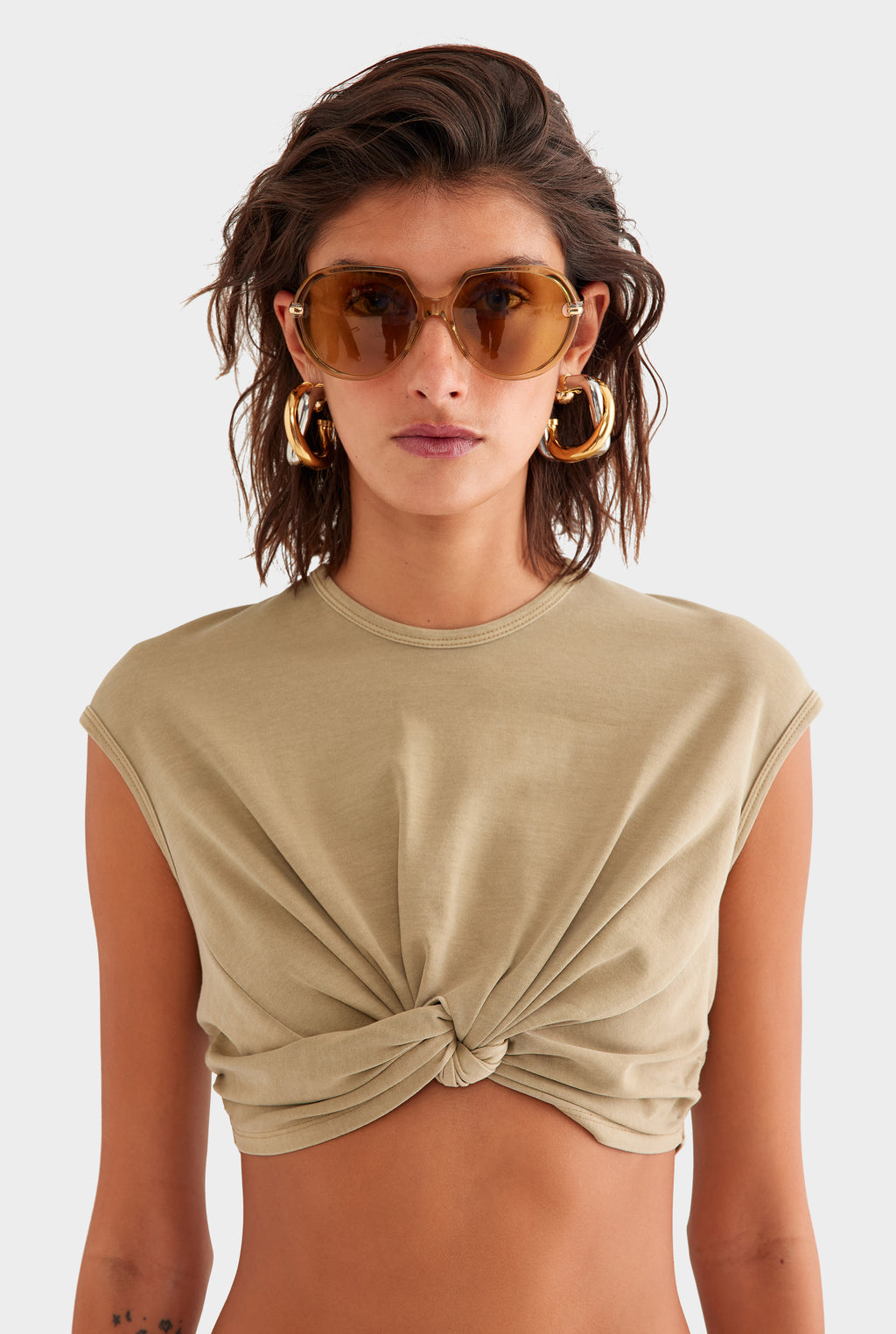 Jersey Knotted Cropped Tee - Pigment Dyed Beige