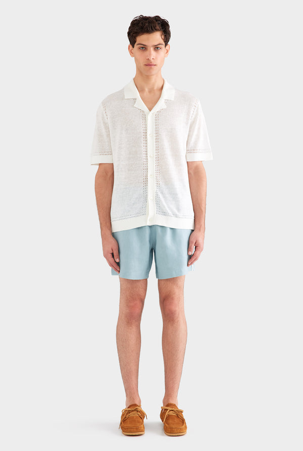Knitted Contrast Stitch Short Sleeve Shirt - Off White