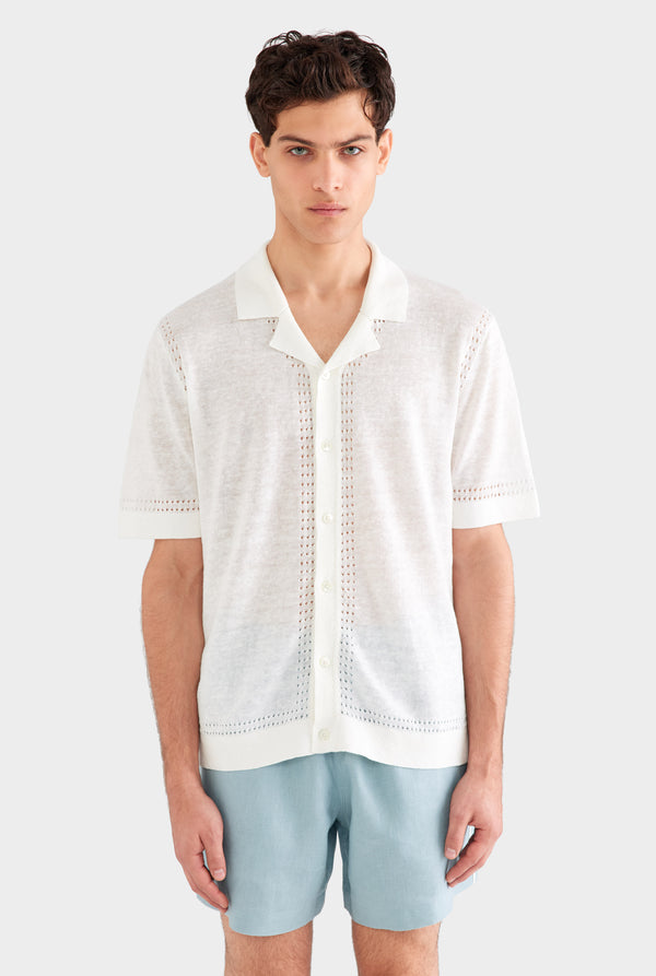 Knitted Contrast Stitch Short Sleeve Shirt - Off White