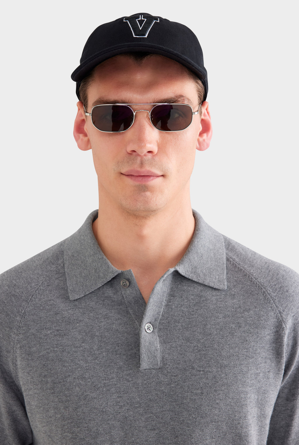 Long Sleeve Cotton Raglan Knit Polo - Dark Grey Marl