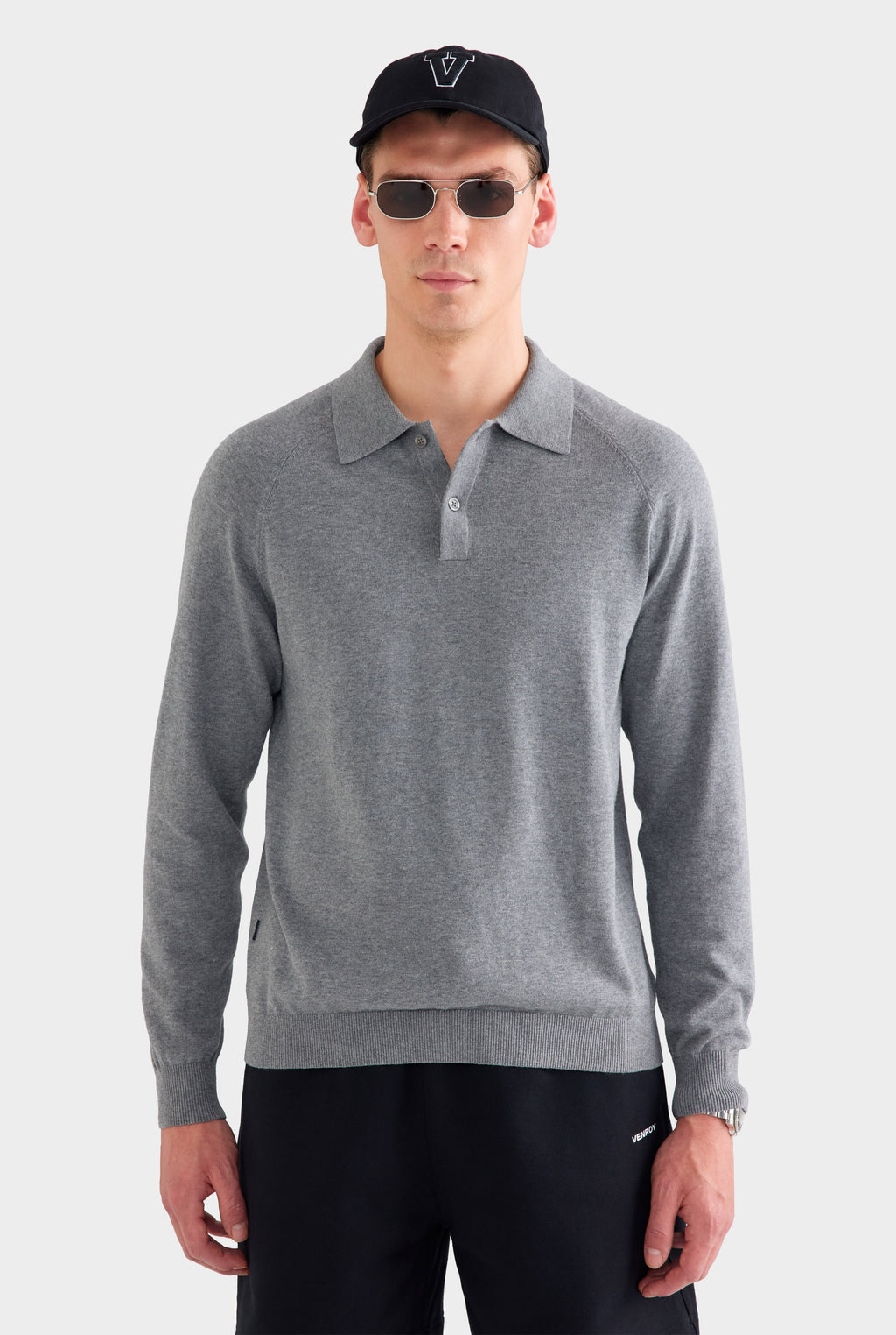 Long Sleeve Cotton Raglan Knit Polo - Dark Grey Marl