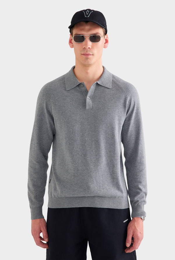 Long Sleeve Cotton Raglan Knit Polo - Dark Grey Marl
