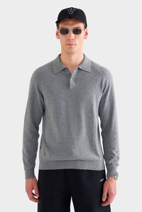 Long Sleeve Cotton Raglan Knit Polo - Dark Grey Marl