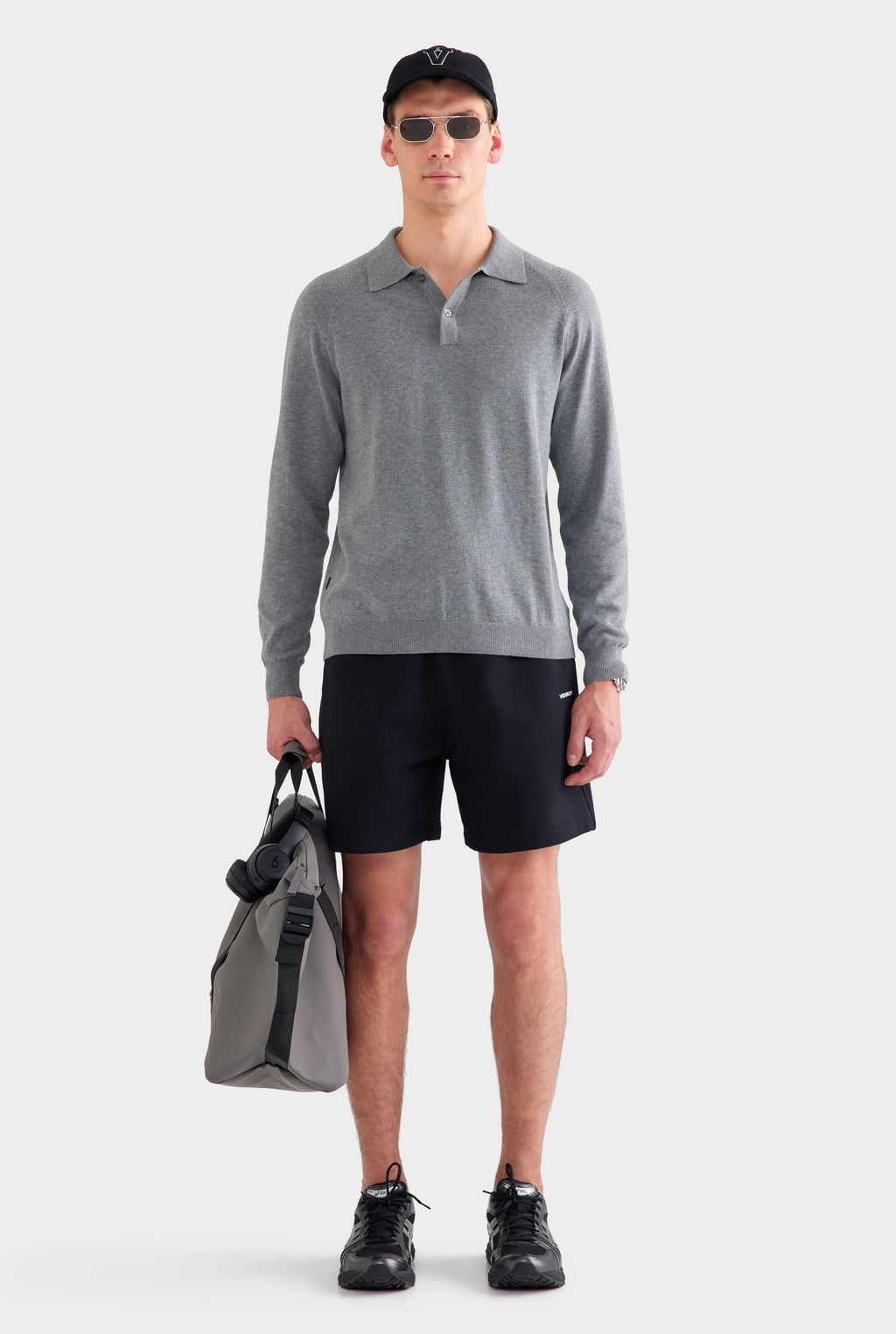 Long Sleeve Cotton Raglan Knit Polo - Dark Grey Marl