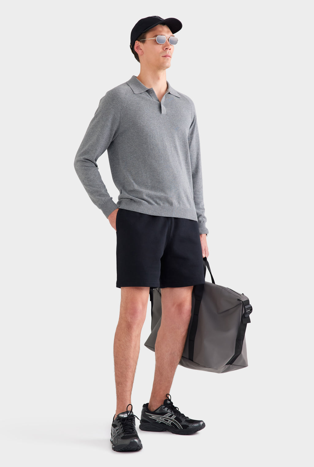 Long Sleeve Cotton Raglan Knit Polo - Dark Grey Marl