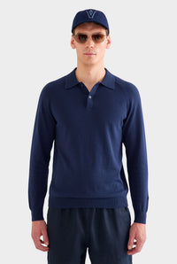 Long Sleeve Cotton Raglan Knit Polo - Navy