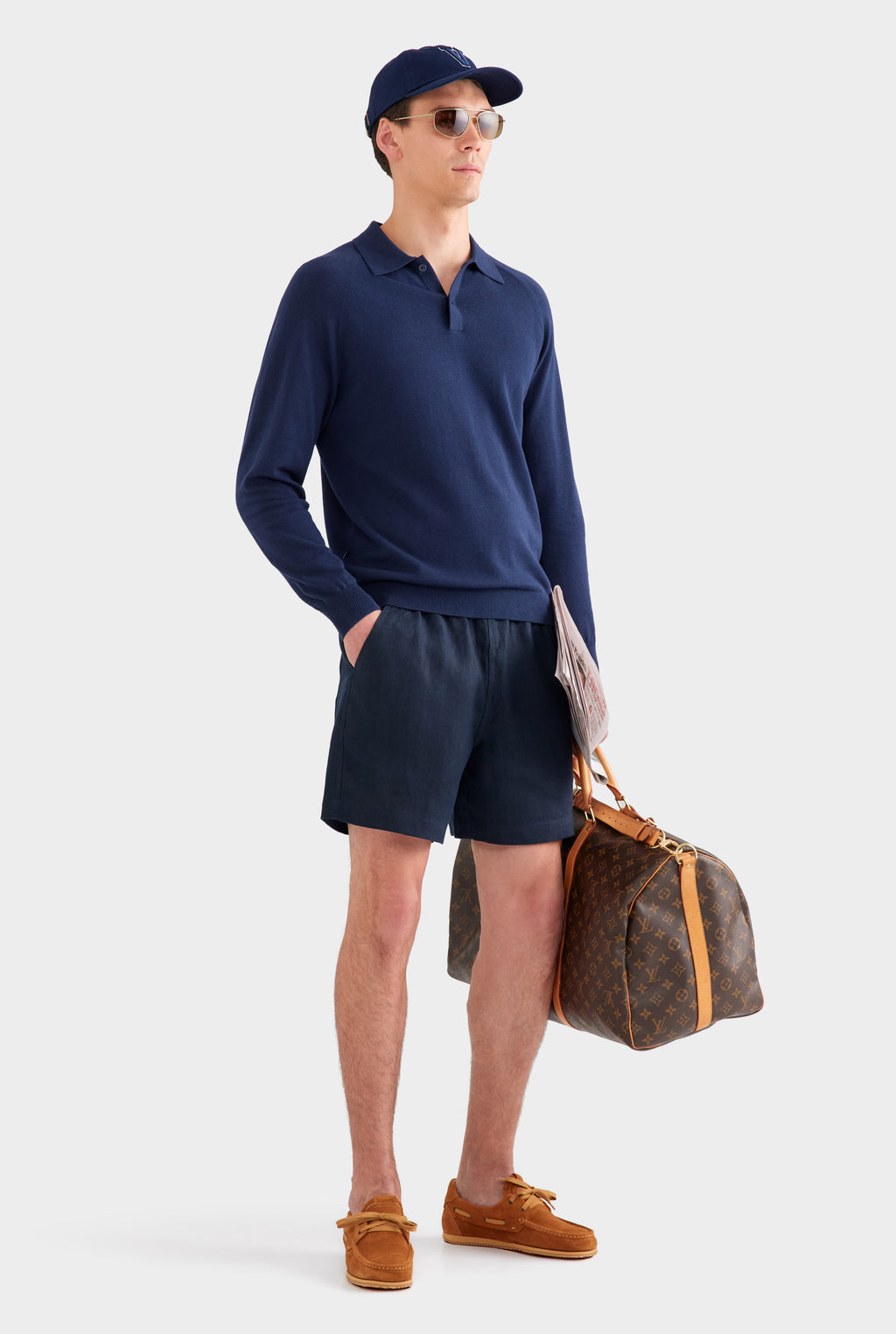 Long Sleeve Cotton Raglan Knit Polo - Navy