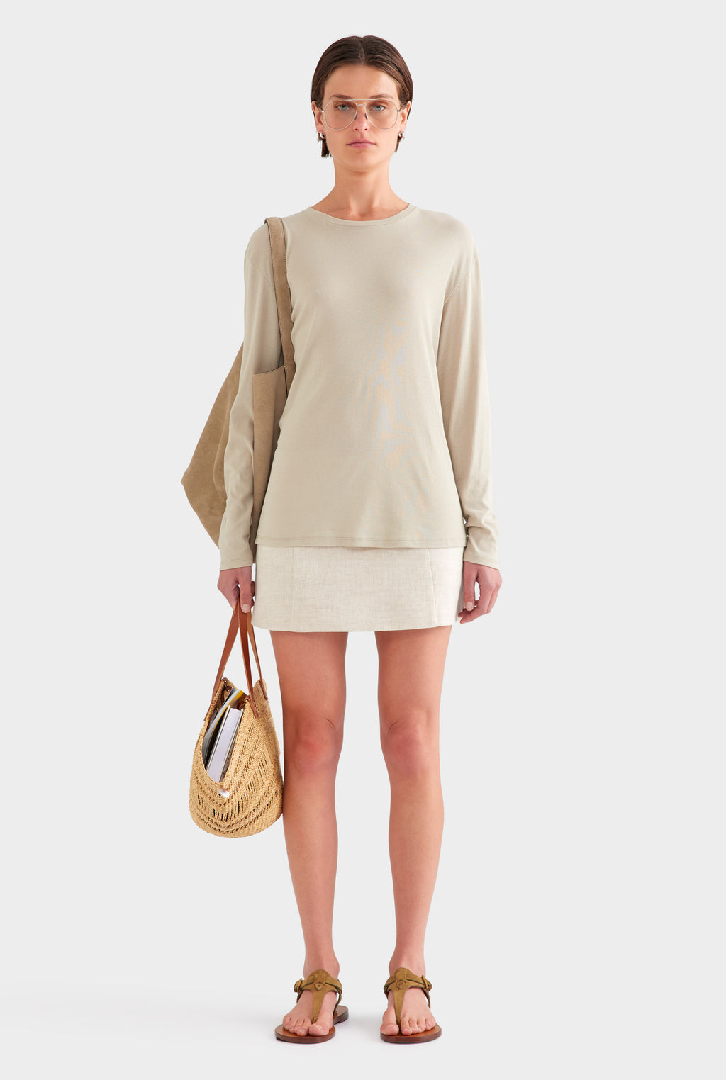 Long Sleeve Lightweight Cotton Tee - Stone