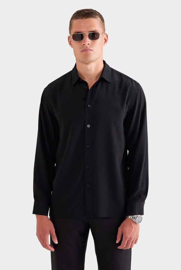 Relaxed Silk Long Sleeve Shirt - Black