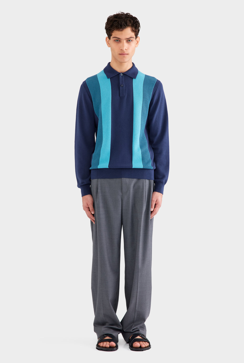 Long Sleeve Stripe Cotton Knit Polo - Navy Blue/Blue Stipe