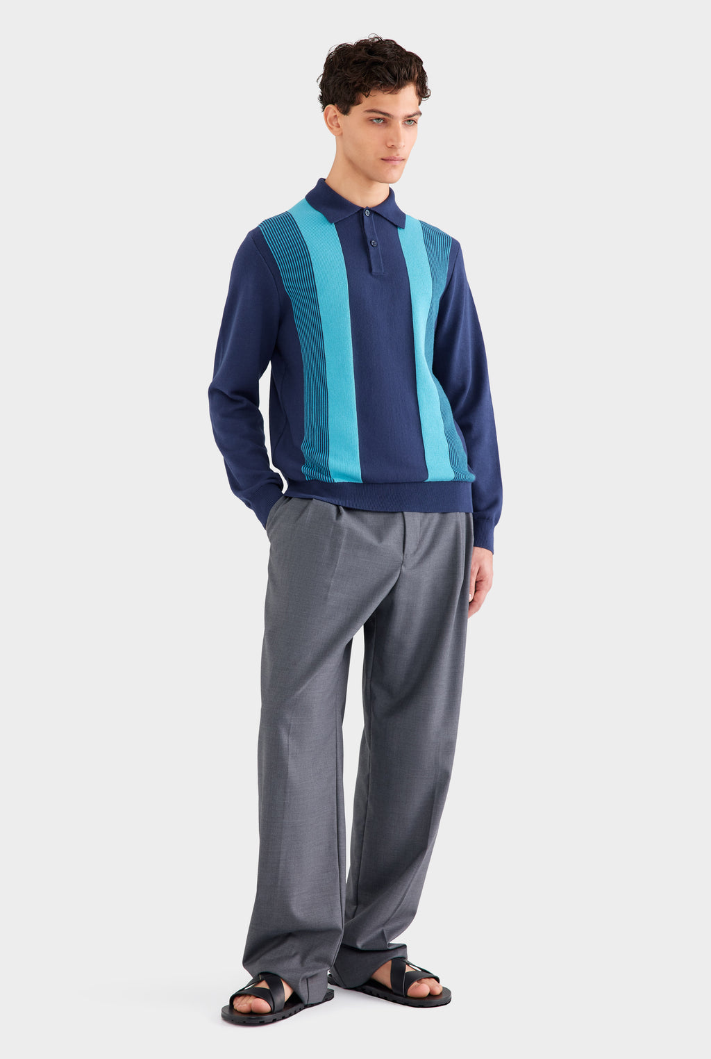 Long Sleeve Stripe Cotton Knit Polo - Navy Blue/Blue Stipe