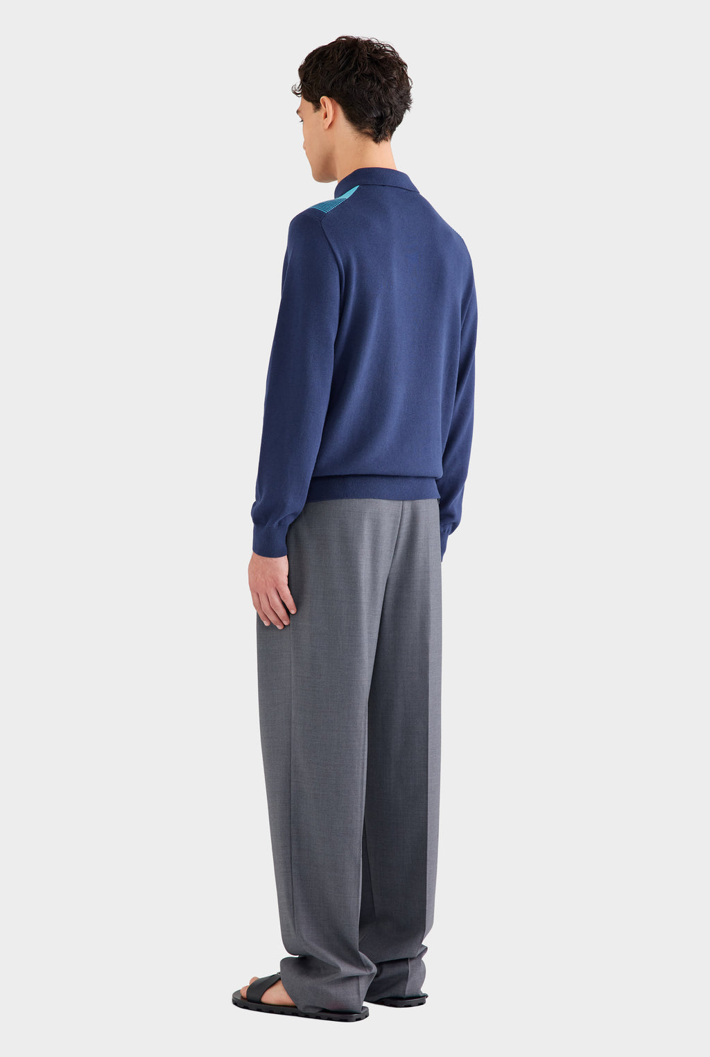 Long Sleeve Stripe Cotton Knit Polo - Navy Blue/Blue Stipe