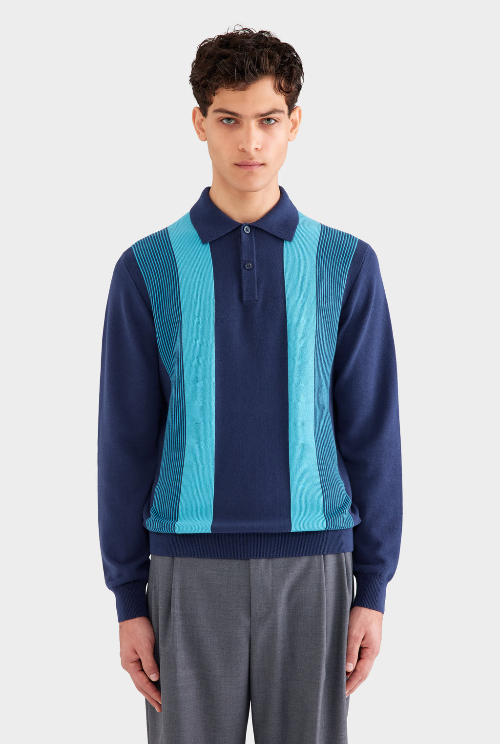 Long Sleeve Stripe Cotton Knit Polo - Navy Blue/Blue Stipe