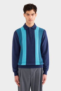 Long Sleeve Stripe Cotton Knit Polo - Navy Blue/Blue Stipe