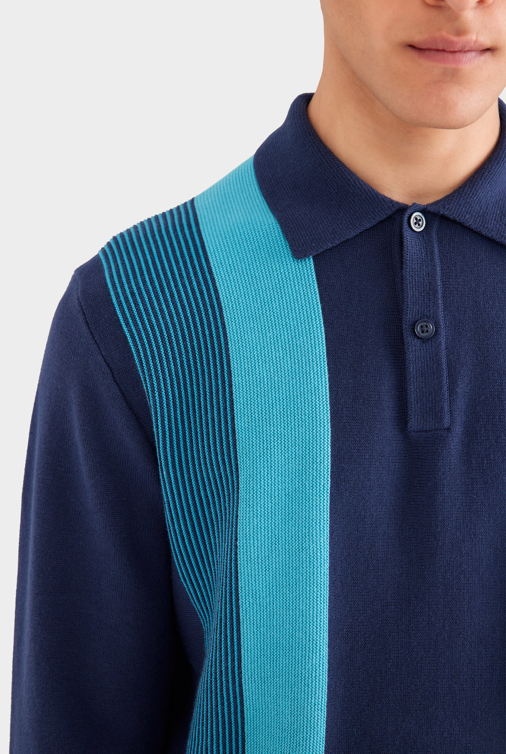 Long Sleeve Stripe Cotton Knit Polo - Navy Blue/Blue Stipe